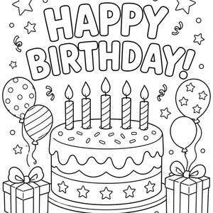 Könnte beinhalten: Eine schwarz-weiße Malvorlage mit einem Geburtstagskuchen mit fünf brennenden Kerzen, umgeben von Luftballons, Geschenkkartons mit Schleifen, Sternen, Herzen und Konfetti. Der Text HAPPY BIRTHDAY ist in großen, fetten Buchstaben oben abgebildet.