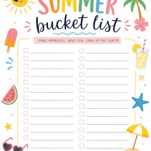 Pode incluir: Uma lista de desejos de verão com ilustrações coloridas de um sol, palmeira, picolé, melancia, bebida, estrela-do-mar, guarda-sol e óculos em forma de coração. O texto diz Summer bucket list, Make memories. Have fun. Soak up the sun!, e The best days are made in the summer.