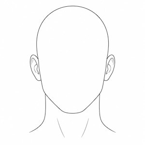 Könnte beinhalten: Eine schwarz-weiße Strichzeichnung eines menschlichen Kopfes und Halses. Die Abbildung zeigt ein glattes, ovales Gesicht ohne Gesichtszüge wie Augen, Nase oder Mund. Die Ohren sind deutlich definiert und der Hals weist zwei feine Linien auf.