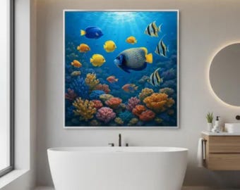 May include: A framed art print featuring a vibrant underwater scene with colorful fish and coral. The artwork showcases various fish in shades of blue, yellow, and orange, swimming above a coral reef. The artwork is displayed in a modern bathroom setting.