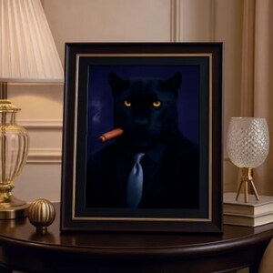 May include: A framed print depicting a black panther in a suit and tie, smoking a cigar. The panther has yellow eyes and is set against a dark blue backdrop. The frame is dark brown with a gold inner edge. The artwork is on a dark wooden table.