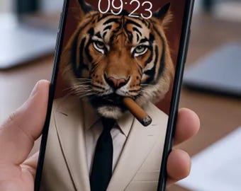 Peut inclure: Un smartphone affiche un tigre en costume, fumant un cigare. L'écran indique l'heure 09h23. Le tigre a des rayures orange et noires et porte un costume beige avec une cravate noire.