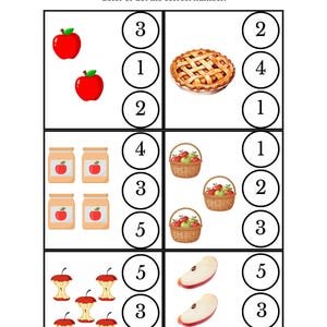 May include: Educational worksheet titled "Counting 1-5" with instructions to count items and circle the correct number. Features illustrations of apples, a pie, jars of jam, baskets of apples, apple cores, and apple slices.