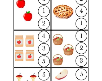 Foglio di lavoro per contare da 1 a 5 / Matematica prescolare stampabile / Attività di riconoscimento dei numeri per l'asilo / Tema mela