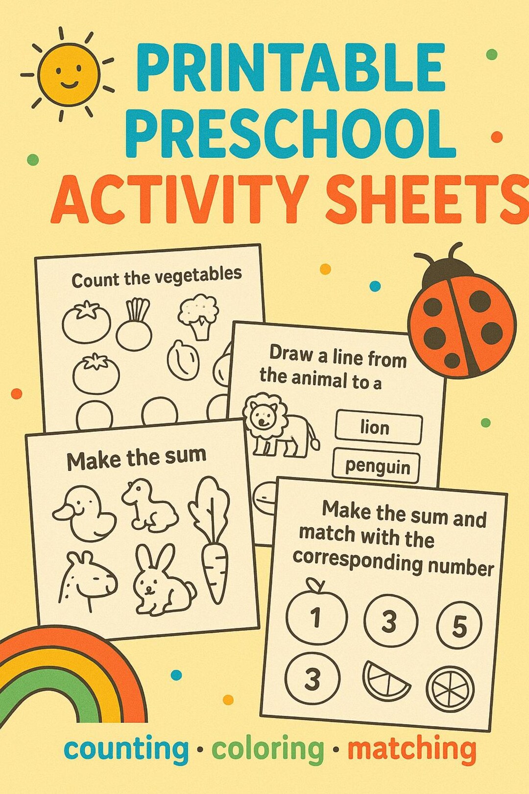 Printable Preschool Activity Sheets – Counting, Coloring, Matching