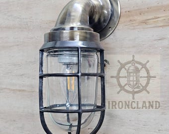 Aplique náutico de latón – Aplique vintage con forma de jaula marina – Lámpara de pasillo industrial antigua – Lámpara de pared rústica para exteriores