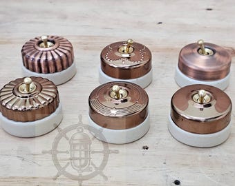 Vintage roségouden messing tuimelschakelaar | Keramische basis, set van 10 inch