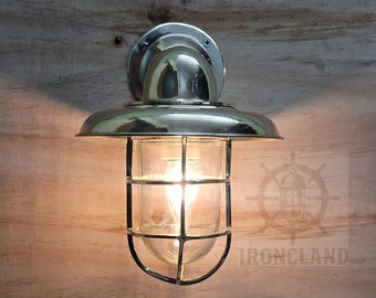 Aplique de pared de latón macizo para pasillo – Aplique náutico tipo jaula para mamparo – Iluminación vintage costera para interiores y exteriores