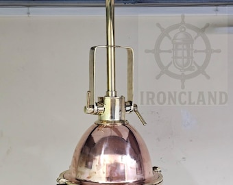 Lámpara colgante náutica vintage, pantalla lisa de 33 cm, altura personalizada de 94 cm, lámpara colgante de latón y cobre.