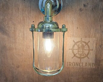 Kinkiet ścienny w stylu marynistycznym z litego mosiądzu, vintage, lampa klatkowa
