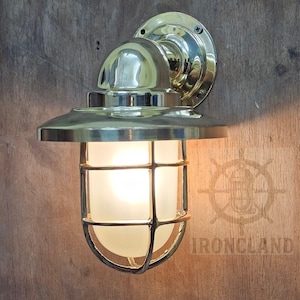 Solid Brass Nautical Bulkhead Wall Light with Shade | Vintage Marine Cage Sconce | Coastal Outdoor Porch Lamp | Industrial Ship Light