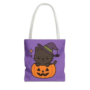 Whimsical Halloween Tote Bag, Cute Cat Pumpkin Bag, Fall Accessories, Trick or Treat Carryall, Halloween Gift Idea, Everyday Tote