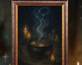 Witchy Simmer Pot Art Print, Celestial Cauldron, Cottagecore Kitchen Decor