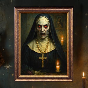 May include: A framed portrait of a nun with red eyes, wearing a black habit and a gold cross necklace. The painting is lit by candles, with other gothic decor including books, a mortar and pestle, and a cage with a candle.