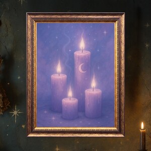 May include: A framed print featuring five lit candles with a crescent moon design against a starry, purple background. The print is in a gold frame and is displayed on a dark green wall. Other items include books, candles, and a mortar and pestle.
