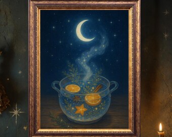 Moonlight Cauldron Art Print, Witchy Cottagecore Kitchen Decor