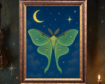 Impression d'art Luna Moth, décoration murale Witchy Cottagecore