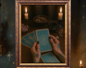 Impressão artística de cartas de tarô celestial, decoração de casa com temática bruxa.