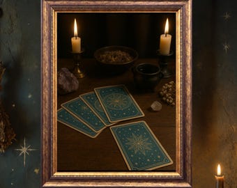 Impressão artística de cartas de tarô celestial, decoração bruxa.
