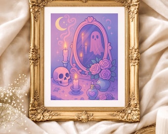 Lámina artística de espejo con fantasmas estilo gótico pastel – Ilustración de tocador espeluznante