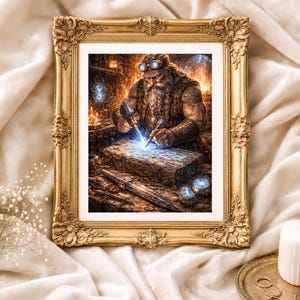 May include: A framed print featuring a detailed illustration of a blacksmith at work. The artwork depicts a bearded figure wearing goggles, hammering on a stone. The frame is ornate, gold-colored, and adds a touch of elegance to the artwork.
