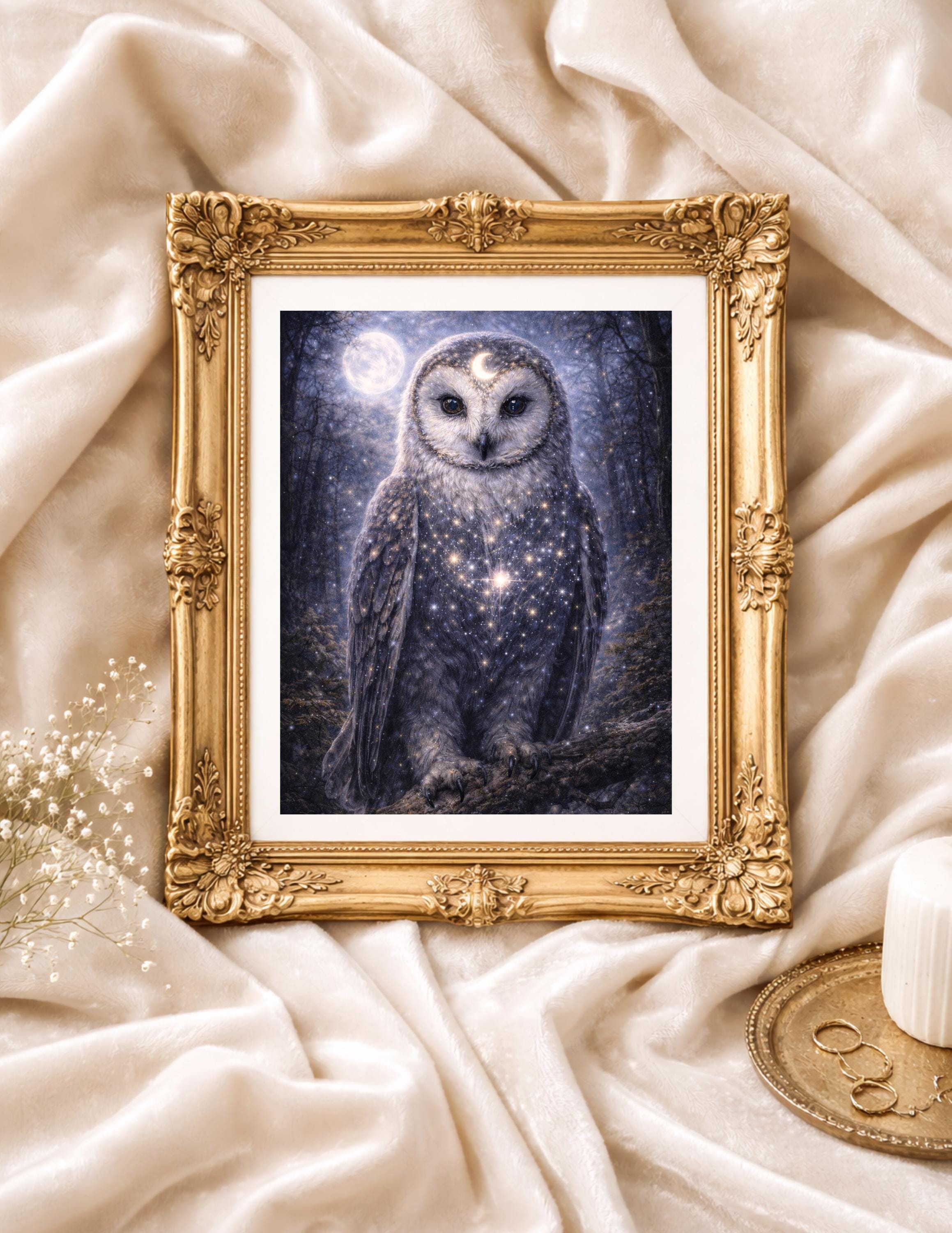 Celestial Owl Wall Art – Mystical Moon & Stars Illustration – Enchanted Night Forest