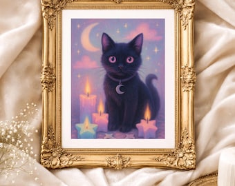 Celestial Familiar – Pastel Gothic Black Cat Art Print