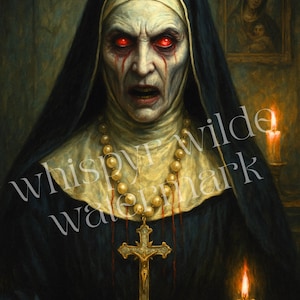 May include: A digital painting of a demonic nun with glowing red eyes and blood tears. She wears a black habit, a white wimple, and a gold cross pendant. The background is dark with a painting of Mary and Jesus and lit candles.