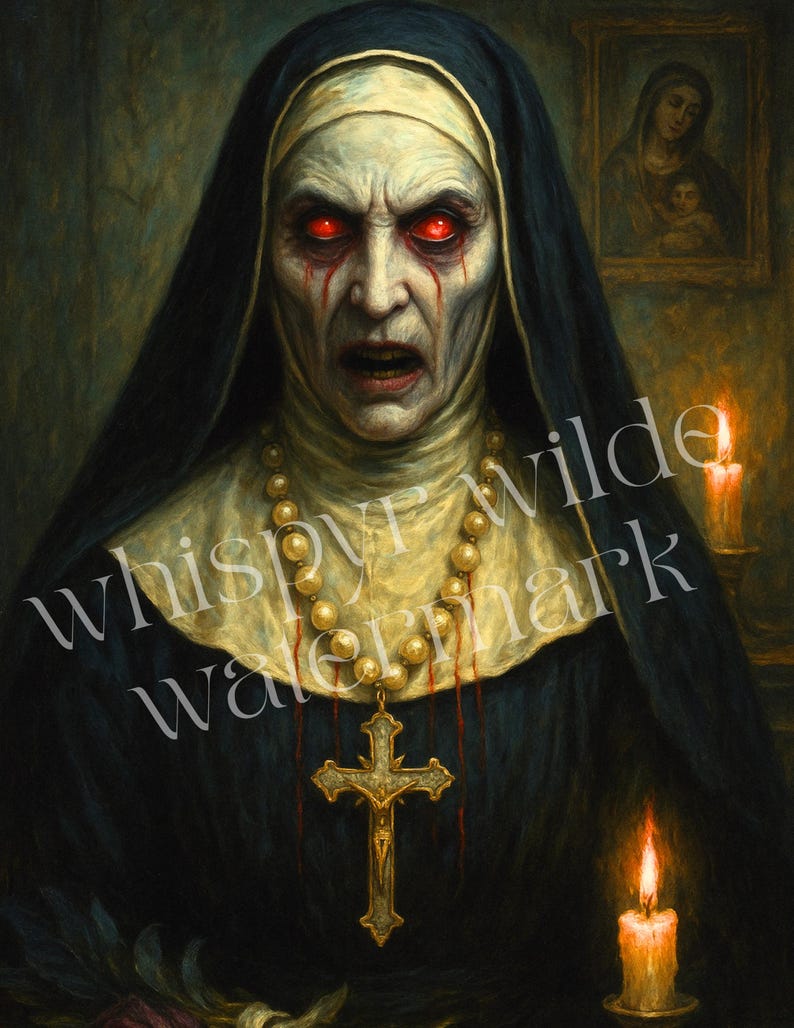 May include: A digital painting of a demonic nun with glowing red eyes and blood tears. She wears a black habit, a white wimple, and a gold cross pendant. The background is dark with a painting of Mary and Jesus and lit candles.