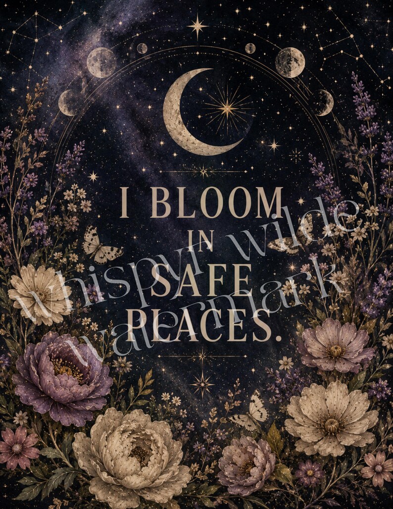 May include: A celestial-themed print featuring a crescent moon, stars, and phases of the moon. The image is framed by floral elements and butterflies, with the text "I BLOOM IN SAFE PLACES."