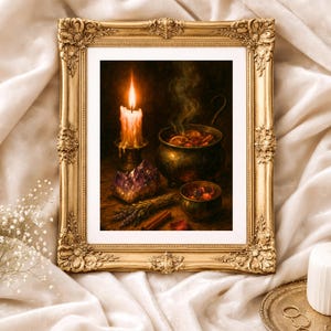 Lámina artística de olla de cocción lenta con bruja – Ilustración de cocina acogedora estilo cottagecore