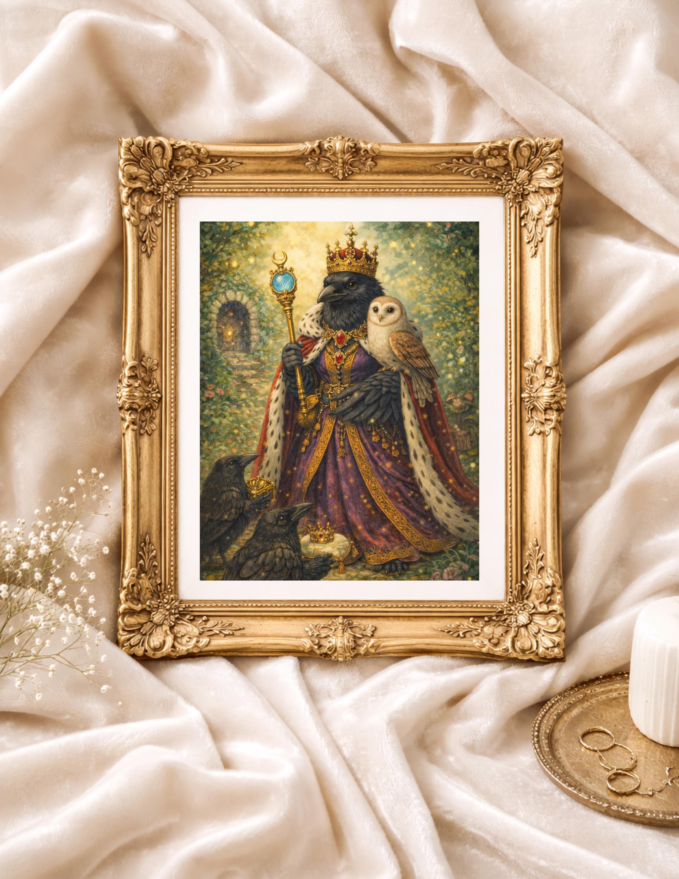 Mystical Crow King Print – Royal Raven Owl Artwork, Gothic Woodland Home Décor