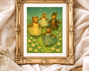 Dancing Bears Under the Stars – Whimsical Woodland Art Print