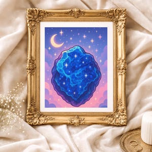 May include: A framed art print featuring a celestial design. The artwork depicts a blue and purple nebula with stars, a crescent moon, and pink clouds against a dark blue sky. The ornate gold frame adds a touch of elegance.