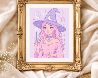 Pastel Moon Witch – Celestial Kawaii Wall Art