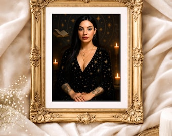 Celestial Witch Portrait Art Print, Witchcore Goddess Decor