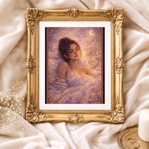 Slapende heks kunstprint | Celestial Dream Witch rustend onder maanlicht