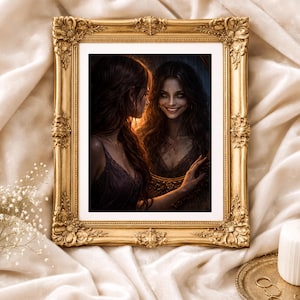May include: A framed artwork depicting a woman gazing at her reflection in a mirror. The artwork is encased in a gold, ornate frame. The woman in the mirror has a sinister smile. The artwork rests on cream-coloured fabric.
