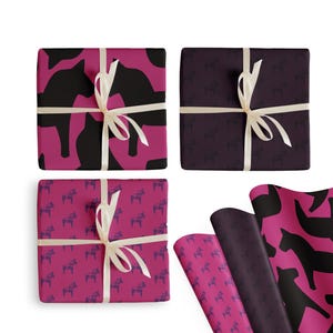 Scandinavian Kind of Punk Dala Horse Wrapping Paper (3 Sheets). Palette in Magenta and Purple. For Swedish heritage gifts or horse lovers.