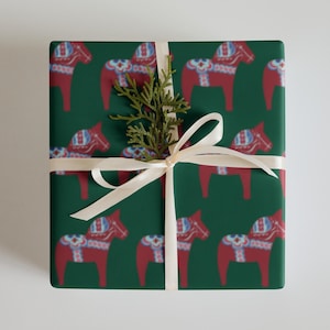 Scandinavian Christmas Dala Horse Matte Wrapping Paper - Three sheets. Classic Swedish God Jul Red & Green – Several More Options in Store.