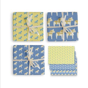 Scandinavian Heritage Dala Wrapping Paper in Traditional Swedish Yellow and Blue Motif. 3 Large Matte Sheets. Perfect for Horse Lovers, Too.