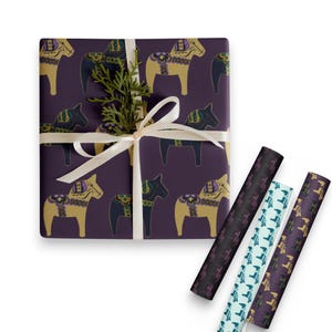 Scandinavian Artisan Color Palette Dala Horse Matte Wrapping Paper. 3 Large Sheets. Refined Look for Swedish gifting or for horse lovers.
