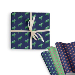 Scandinavian Dala Preppy Colors Wrapping Paper in 3 Large Sheets. Blues, Greens, Pinks. Ideal for Swedish Gifting or Great for Horse Lovers.