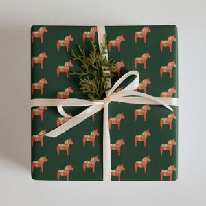 Scandinavian Christmas Dala Horse Wrapping Paper – Classic Swedish God Jul Red & Green – Set of 3 Large Matte Sheets for Holiday Gifts.