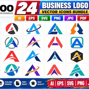 Op de afbeelding: Een digitale collectie van 24 zakelijke logo vector iconen met de letter A in verschillende stijlen, kleuren en grafische configuraties. De afbeelding bevat tekstlabels zoals ZOO VECTOR BUNDLES, 24 BUSINESS LOGO en bestandsformaten zoals AI, EPS, SVG, PNG, JPG en PDF.