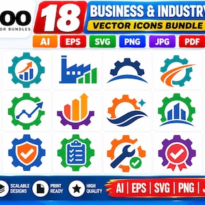 Puede incluir: Una colección digital de 18 iconos vectoriales de negocios e industria con motivos de engranajes en varios colores. Los iconos incluyen símbolos de gráficos, fábricas, cohetes, escudos, listas de verificación y herramientas, presentados en una cuadrícula.