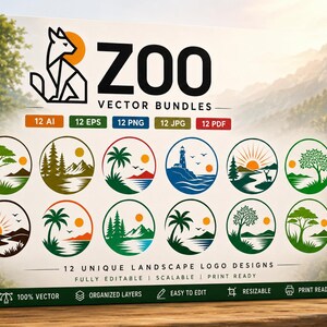 Può includere: Una scatola rettangolare etichettata ZOO VECTOR BUNDLES con un logo a forma di volpe geometrica e 12 icone circolari di paesaggi. Le icone raffigurano varie scene tra cui alberi, montagne, palme, un faro e albe in tonalità verdi, blu e arancioni.