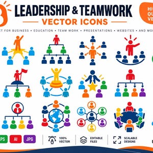 Op de afbeelding: Een verzameling van 18 kleurrijke vectoriconen met thema's over leiderschap en teamwork, met gestileerde menselijke figuren in diverse organisatiestructuren, hiërarchieën en samenwerkingsverbanden, inclusief labels voor bestandsformaten.