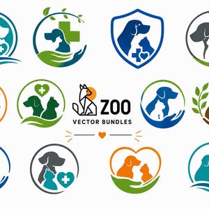 May include: A collection of twelve circular and shield-shaped veterinary logos featuring silhouettes of dogs and cats, some with medical crosses, hearts, and hands. The central text reads ZOO VECTOR BUNDLES with a geometric fox icon.