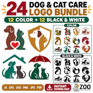 Puede incluir: Un conjunto gráfico digital titulado 24 DOG & CAT CARE LOGO BUNDLE que incluye 12 logotipos en color y 12 en blanco y negro. Los diseños muestran siluetas de perros y gatos con corazones, escudos, paraguas y formas de casa, junto a formatos de archivo.